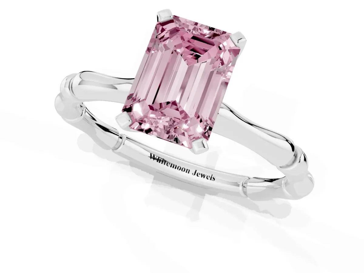 Fancy Pink Emerald Cut Solitaire Diamond Ring with Bamboo Band and Four-Prong Setting Silver