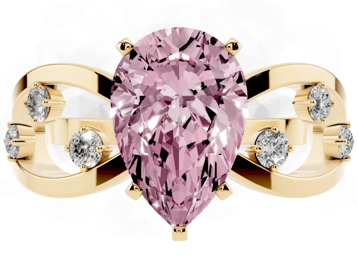 Fancy Pink Pear Cut Cut Solitaire Diamond with Side Stones on Criss-Cross Band and Four-Prong Setting Yellow gold