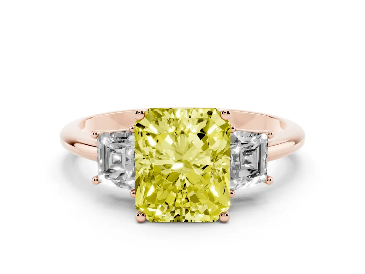 Fancy Yellow Radiant Cut Diamond Three-Stone Ring with Trapezoid Side Stones and Prong Setting Rose gold
