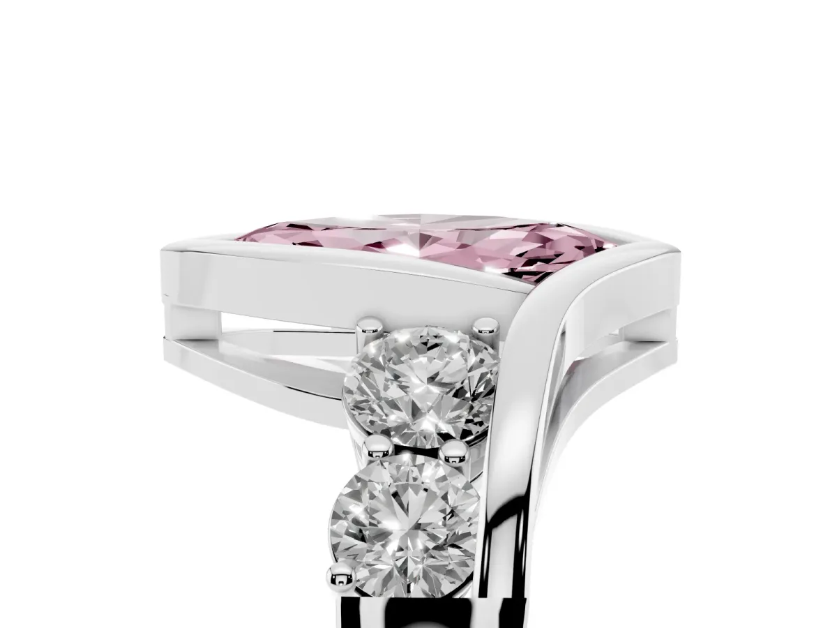 Fancy Pink Bezel Set Marquise Cut Diamond Bypass Ring with Round Accents Silver