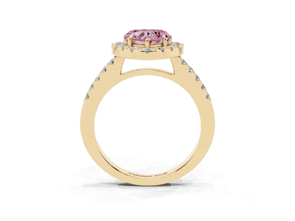 Fancy Pink Heart Cut Halo Diamond Pavé Solitaire Ring Yellow gold