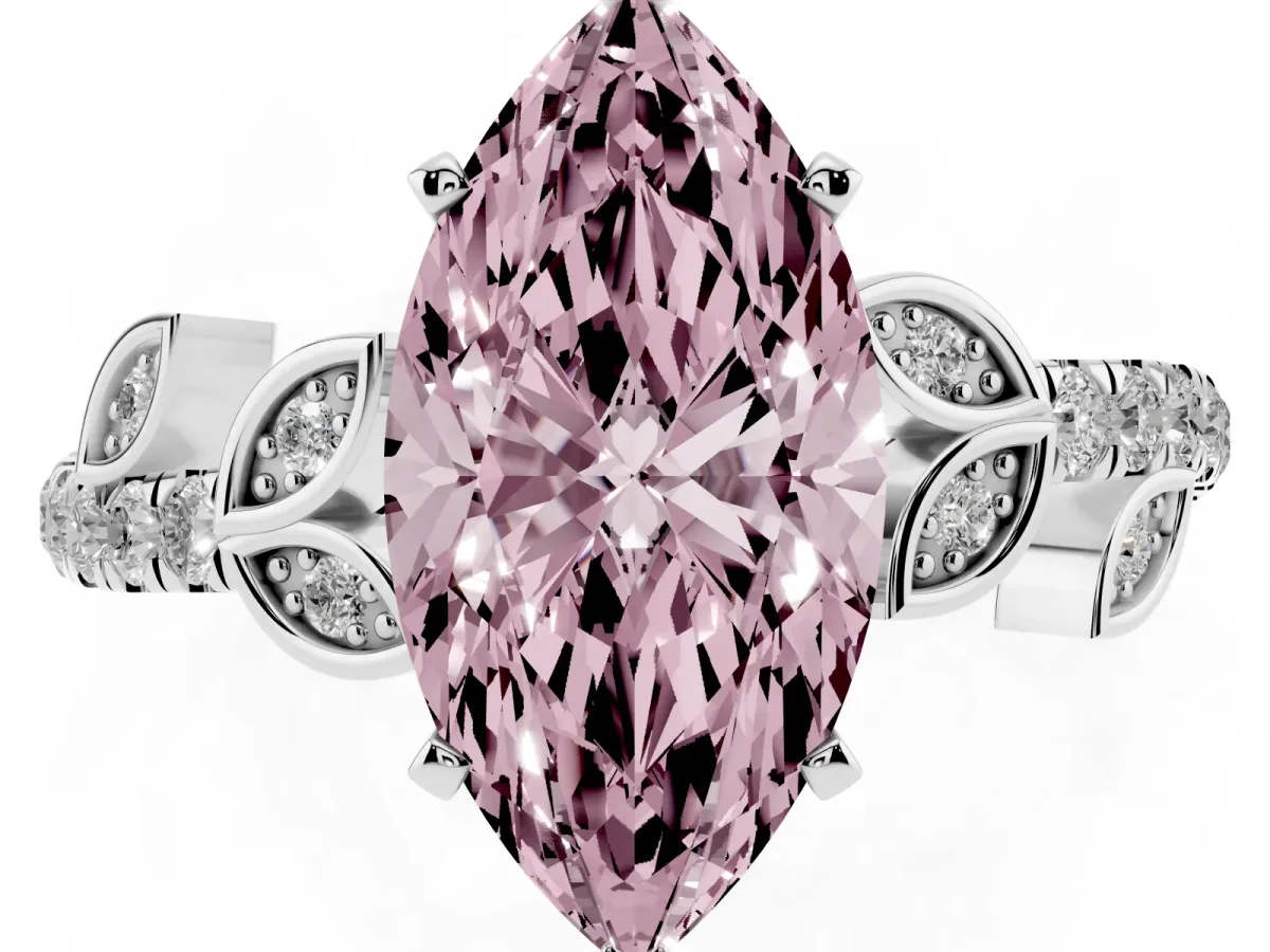 Fancy Pink Marquise Cut Solitaire Leaf-Inspired Diamond Ring with Pavé Band and Four-Prong Setting Silver