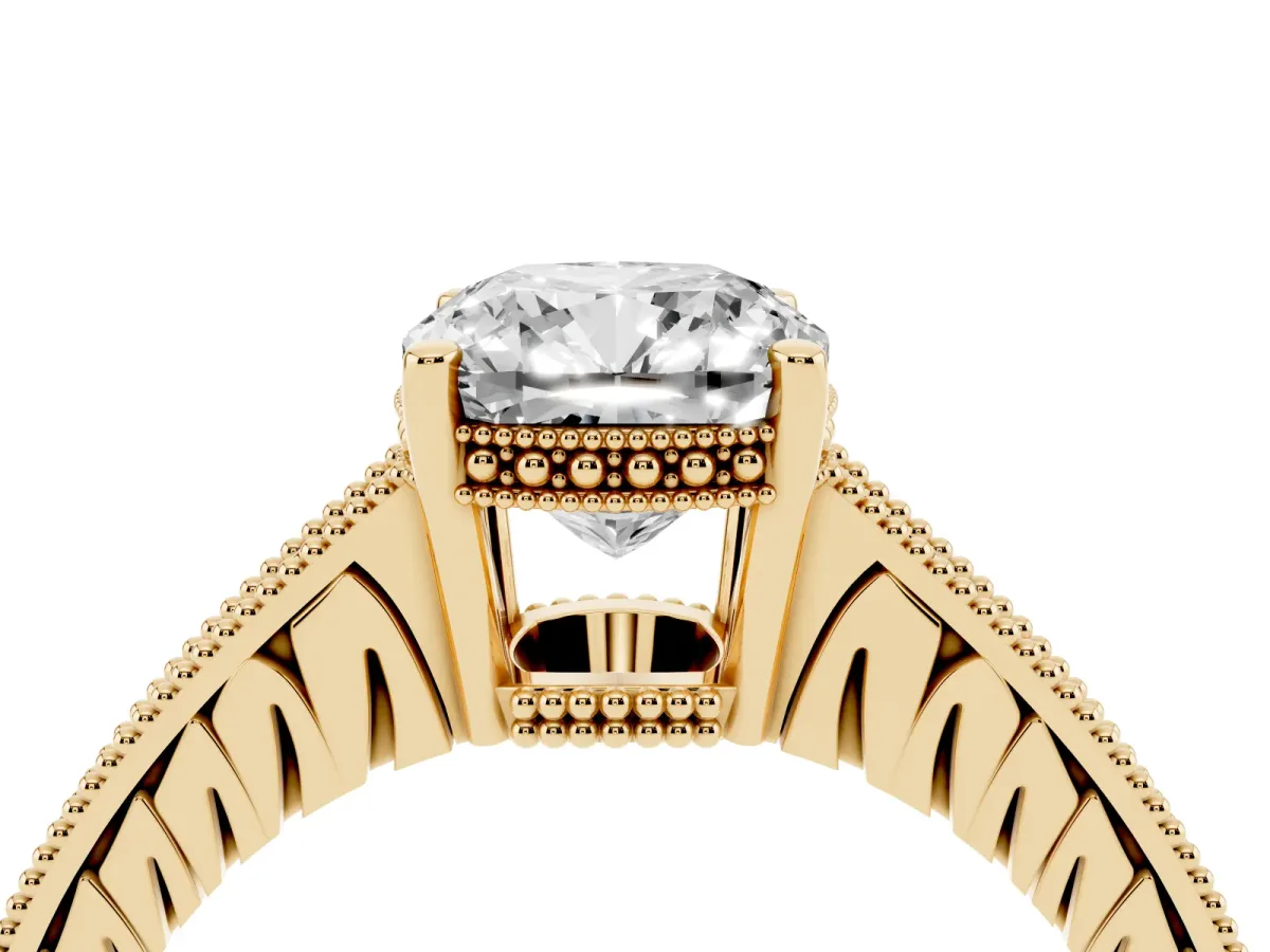 Cushion Cut Solitaire Pavé Diamond Milgrain Engagement Ring with Four-Prong Setting Yellow gold