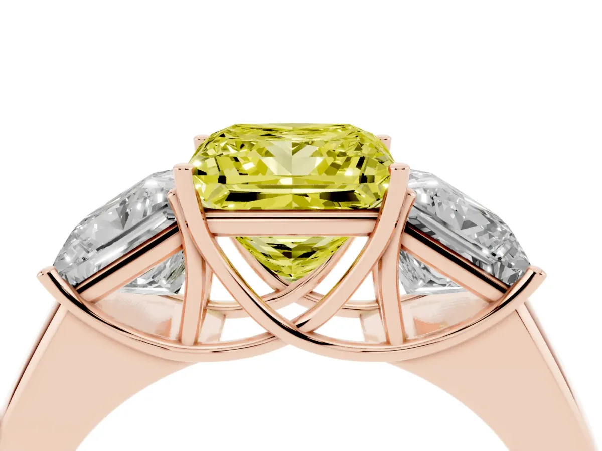 Fancy Yellow Three-Stone Princess Cut Cut Diamond Ring with Prong Setting and Classic Band Rose gold