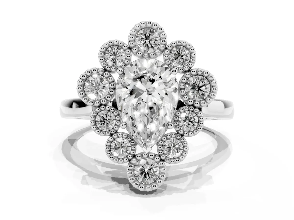 Pear Cut Halo Diamond Cluster Engagement Ring with Milgrain Bezel Setting and Solitaire Band Platinum
