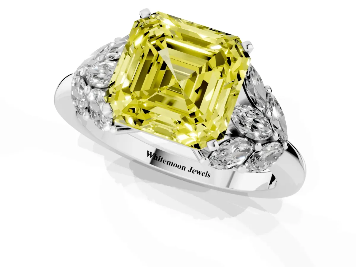 Fancy Yellow Asscher Cut Diamond Cluster Leaf Design Ring with Prong Setting Silver