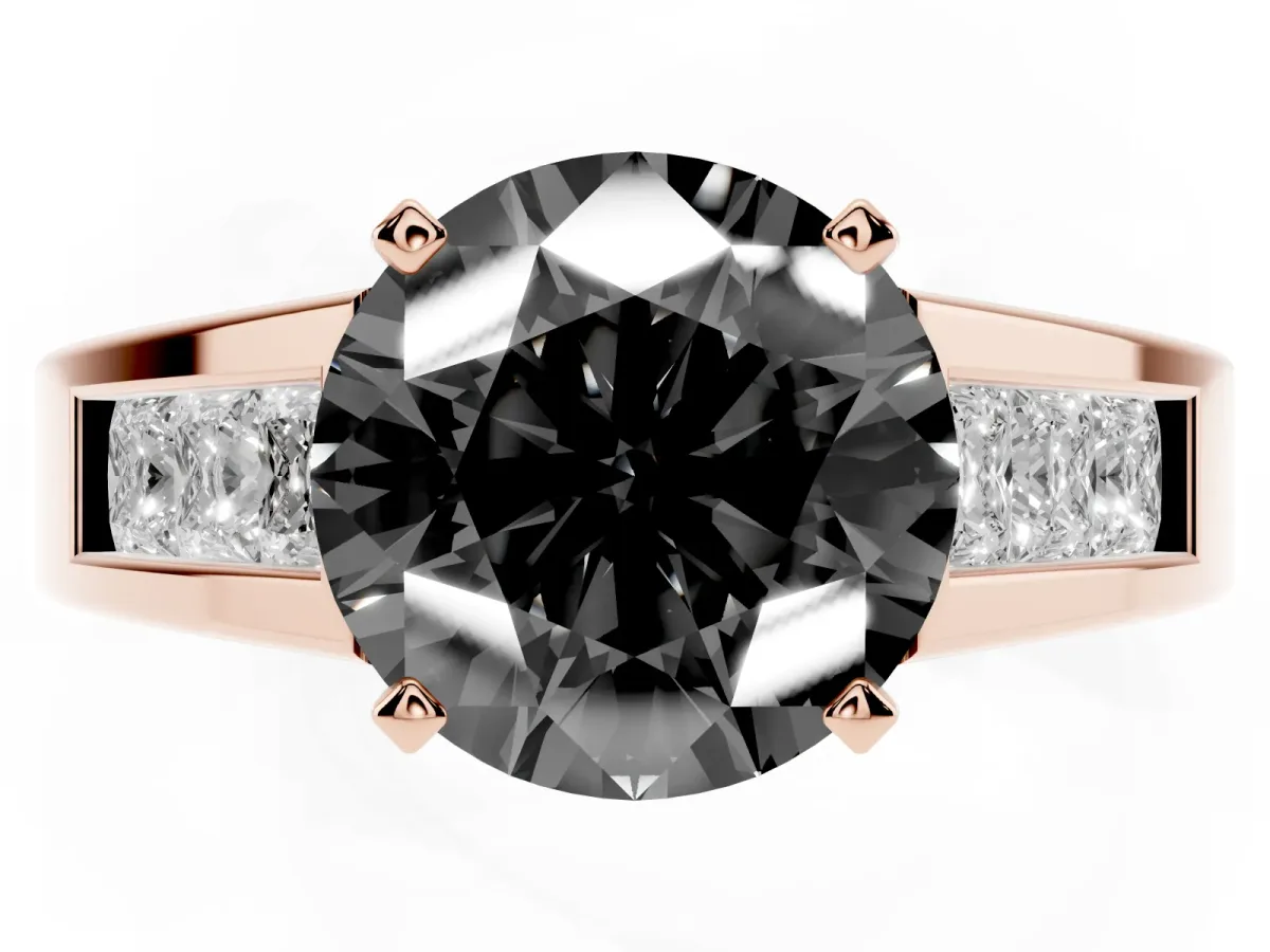Fancy Black Round Cut Cut Channel Set Solitaire Ring with Four-Prong Setting Rose gold