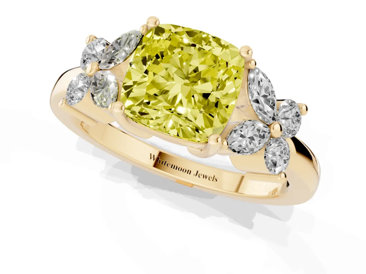 Fancy Yellow Cushion Cut Diamond Floral Cluster Ring with Solitaire Band and Prong Setting Yellow gold