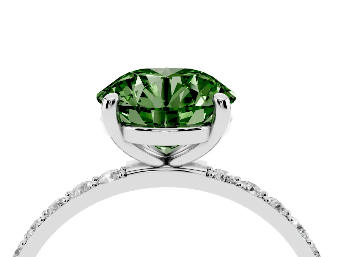 Fancy Green Round Cut Diamond Solitaire Ring with Round Pavé Band and Prong Setting Silver