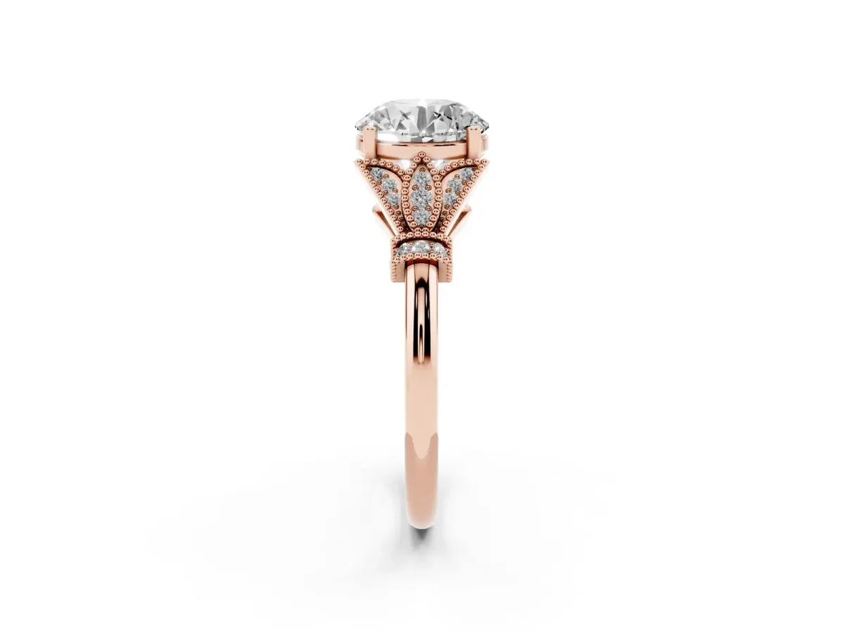 Round Cut Diamond Solitaire Ring with Floral Filigree and Pave Accents Rose gold