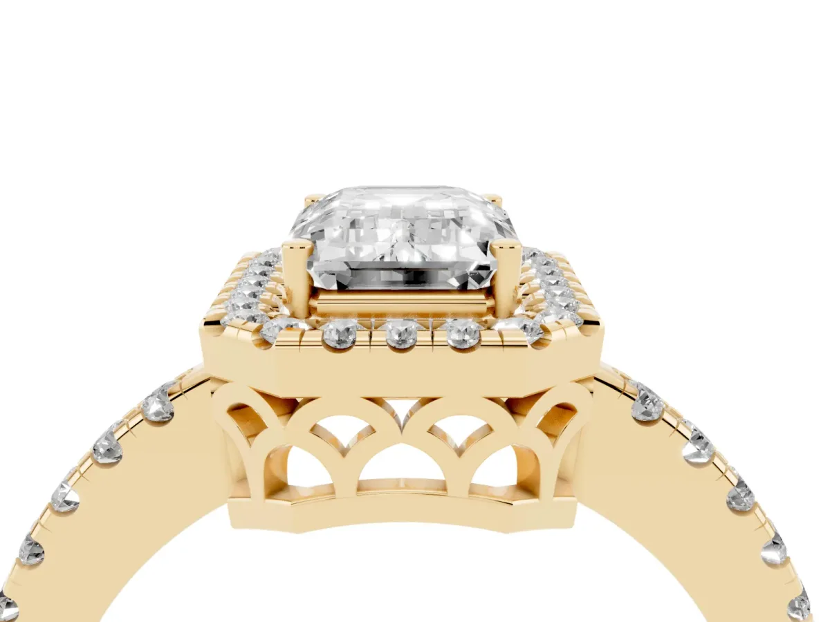Emerald Cut Halo Diamond Engagement Ring with Pavé Band and Four-Prong Setting Yellow gold