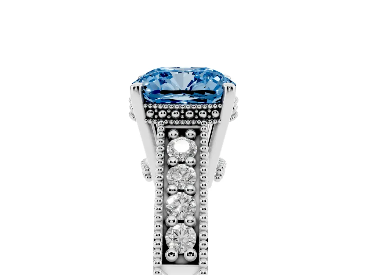 Fancy Blue Cushion Cut Solitaire Pavé Diamond Milgrain Engagement Ring with Four-Prong Setting Silver