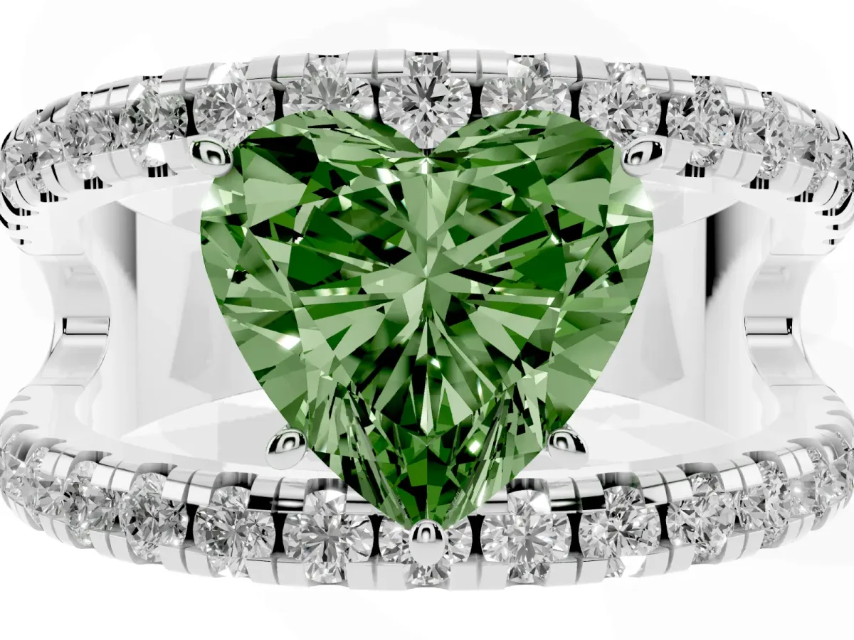 Fancy Green Heart Cut Solitaire Split Shank Pave Diamond Ring Platinum