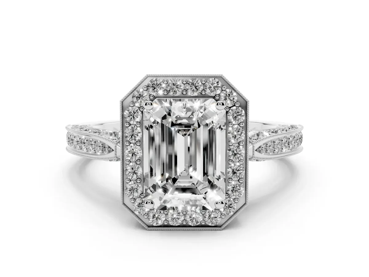 Emerald Cut Halo Diamond Engagement Ring with Split Shank Band and Four-Prong Setting Platinum