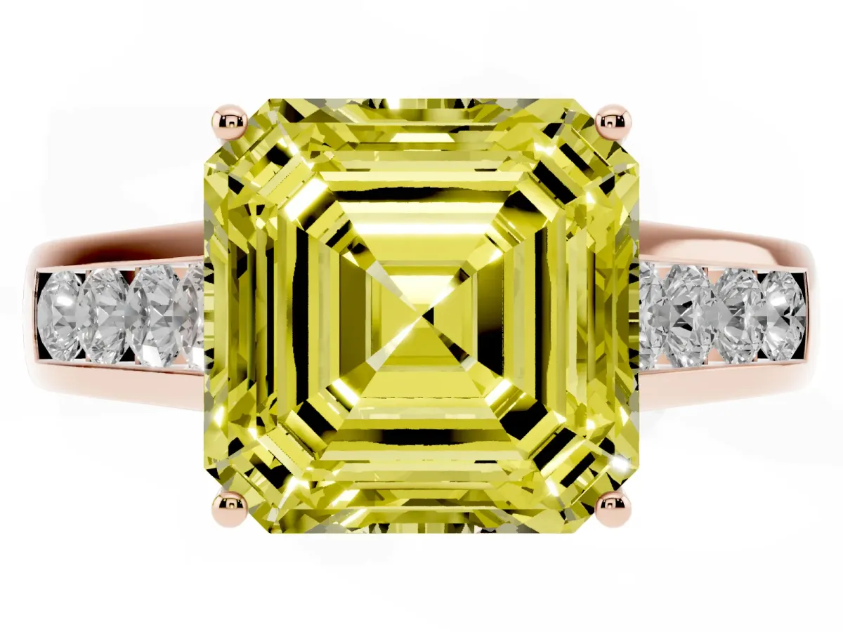 Fancy Yellow Asscher Cut Brilliant Channel-Set Solitaire Ring with Four-Prong Setting Rose gold