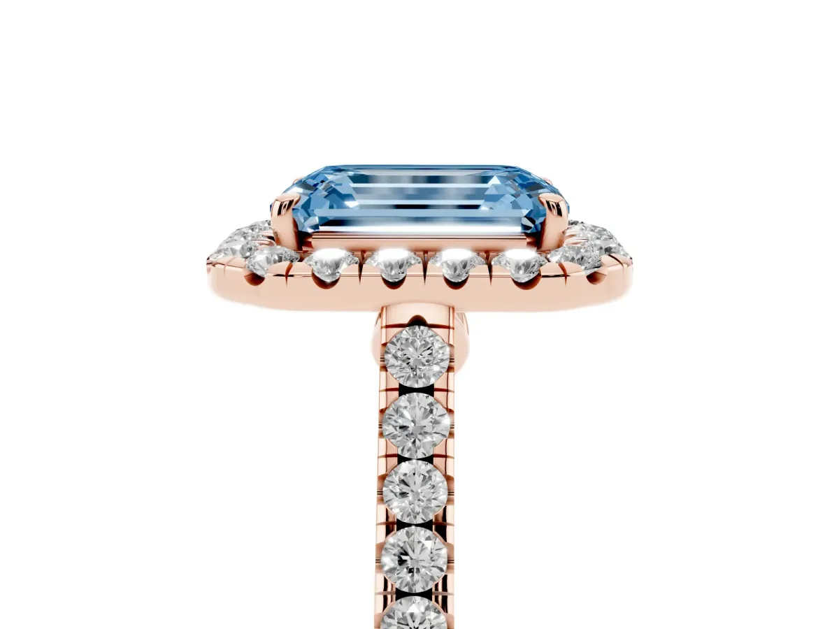 Fancy Blue Emerald Cut Halo Pave Diamond Engagement Ring with Four-Prong Setting Rose gold