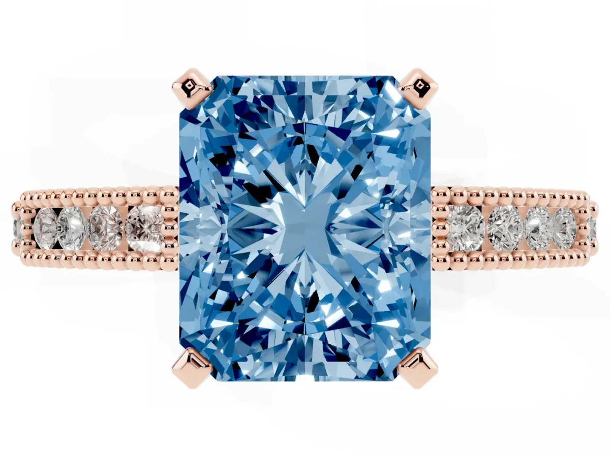 Fancy Blue Radiant Cut Solitaire with Pavé Band and Four-Prong Setting Rose gold