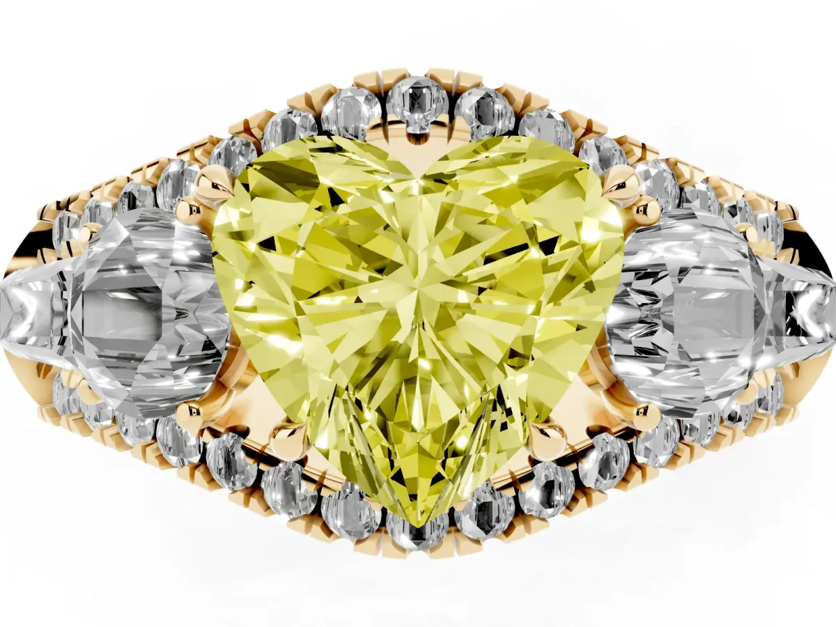 Fancy Yellow Three-Stone Heart Cut Diamond Engagement Ring with Pave Band and Prong Setting Yellow gold