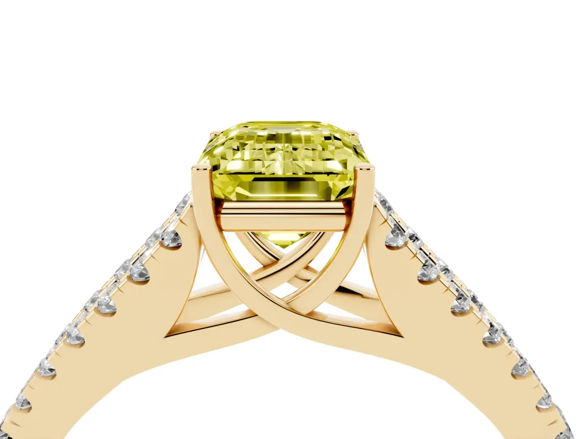 Fancy Yellow Emerald Cut Diamond Split Shank Pavé Engagement Ring with Four-Prong Setting Yellow gold