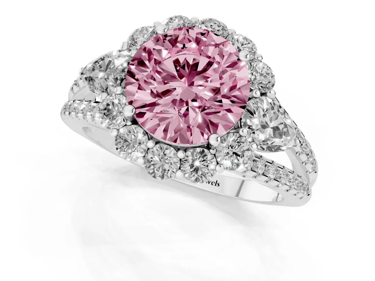 Fancy Pink Round Cut Halo Split Shank Diamond Engagement Ring with Prong Setting Platinum