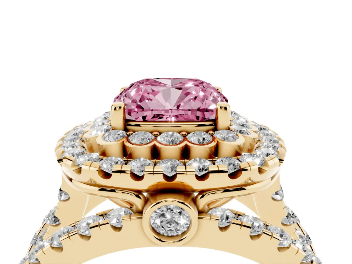 Fancy Pink Cushion Cut Diamond Double Halo Ring with Round Pavé Split Shank and Prong Setting Yellow gold