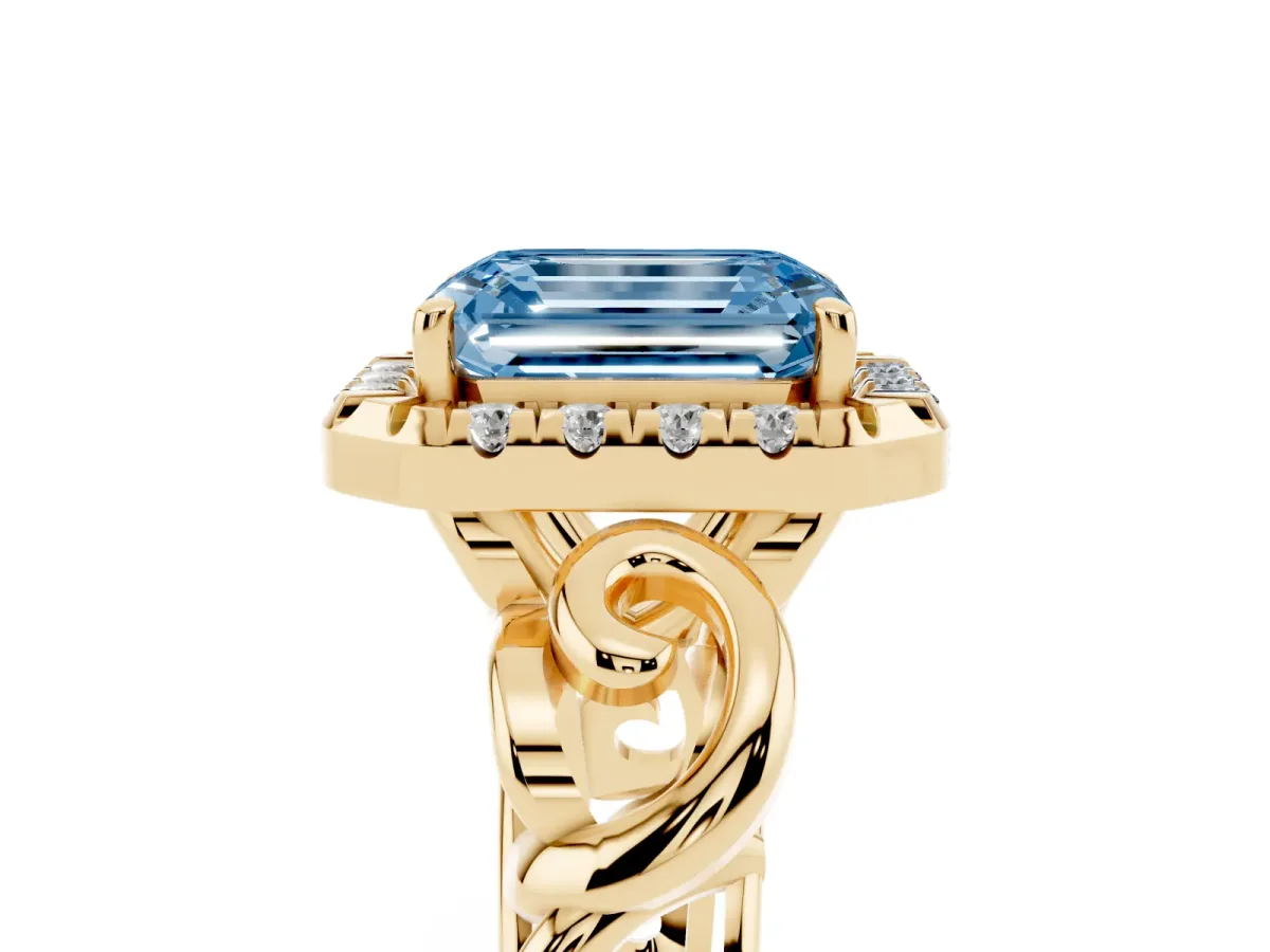 Fancy Blue Emerald Cut Cut Halo Diamond Ring with Scrollwork Band and Four-Prong Setting Yellow gold