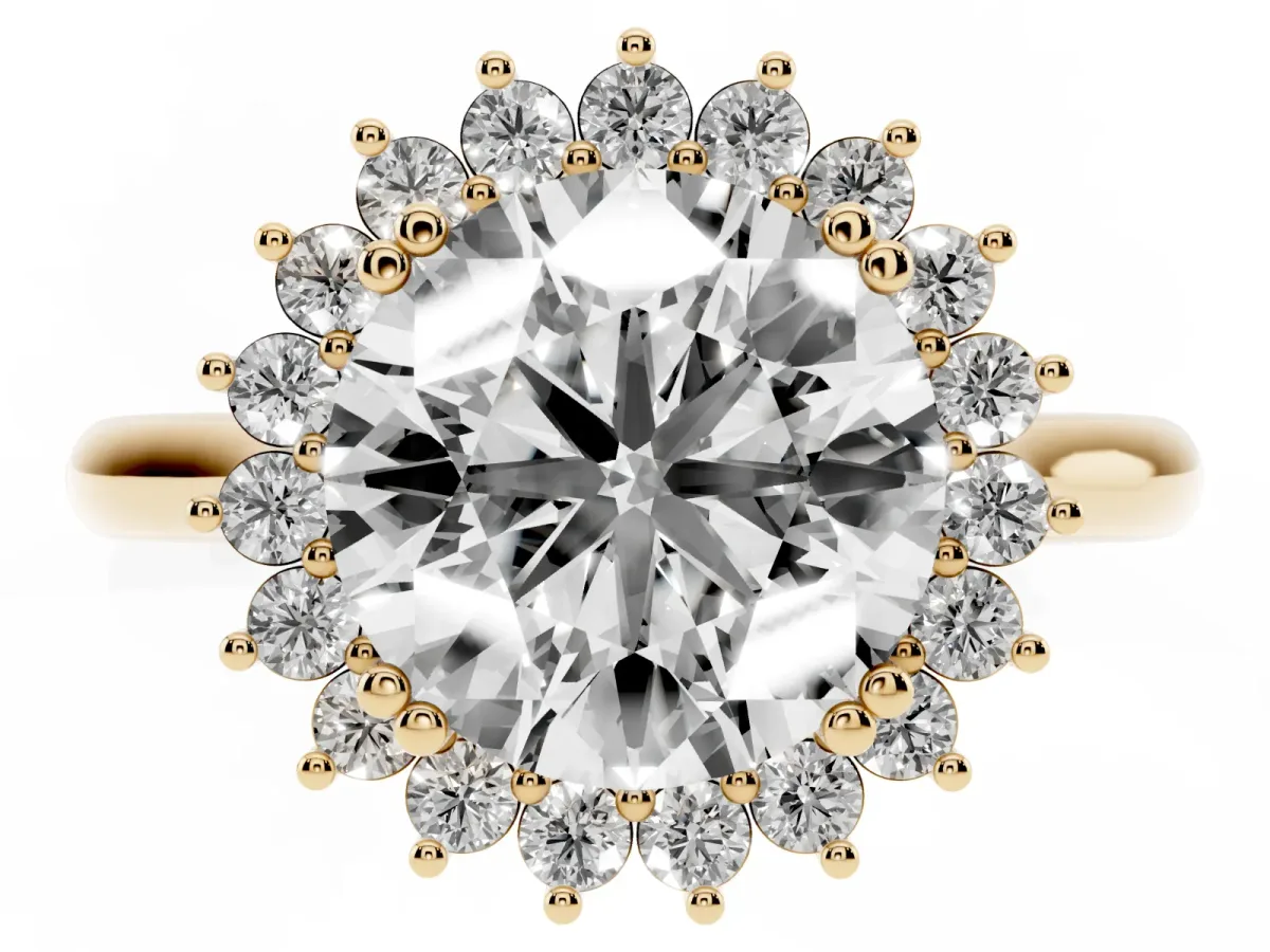Round Cut Cut Diamond Halo Ring with Solitaire Band and Prong Setting Yellow gold