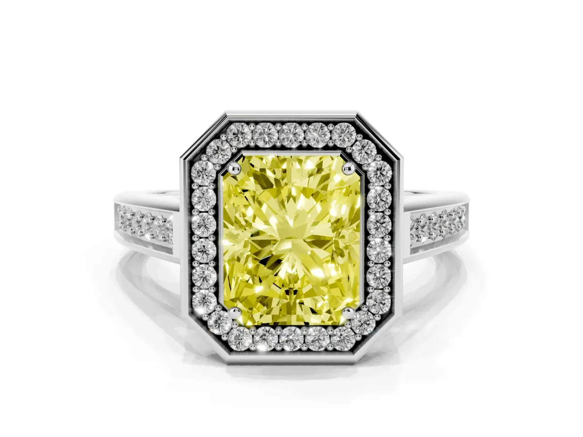 Fancy Yellow Radiant Cut Halo Solitaire Diamond Ring with Pave Band and Bezel Setting Platinum