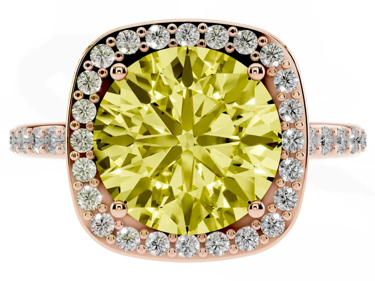 Fancy Yellow Round Cut Diamond Halo Engagement Ring with Round Pavé Shoulders and Prong Setting Rose gold