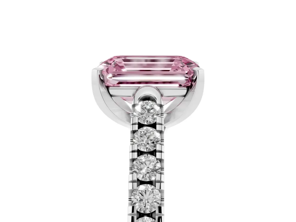 Fancy Pink Emerald Cut Diamond Pavé Band Solitaire Ring with Prong Setting Platinum