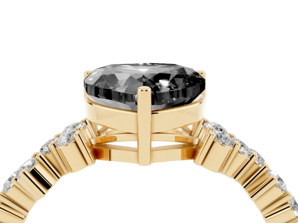 Fancy Black Heart Cut Diamond Scattered Round Accent Ring with Prong Setting Yellow gold