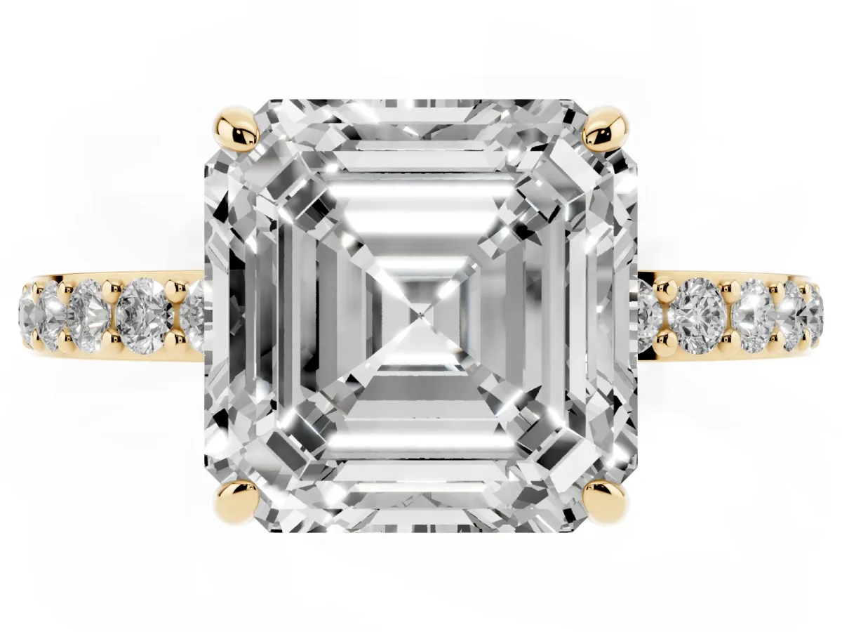 Asscher Cut Diamond Solitaire Engagement Ring with Pavé Band and Four-Prong Setting Yellow gold