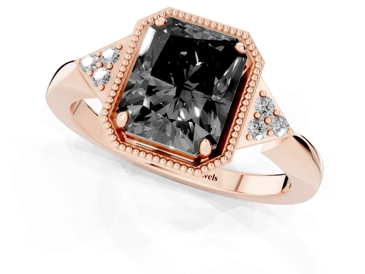 Fancy Black Hexagonal Halo Radiant Cut Diamond Solitaire with Pavé Band and Four-Prong Setting Rose gold