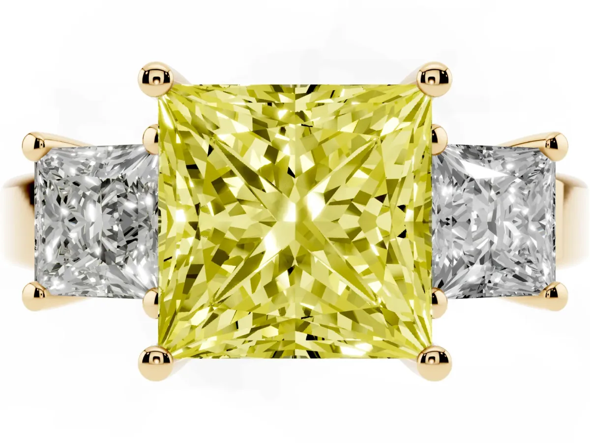 Fancy Yellow Three-Stone Princess Cut Cut Solitaire Ring with Prong Setting Yellow gold