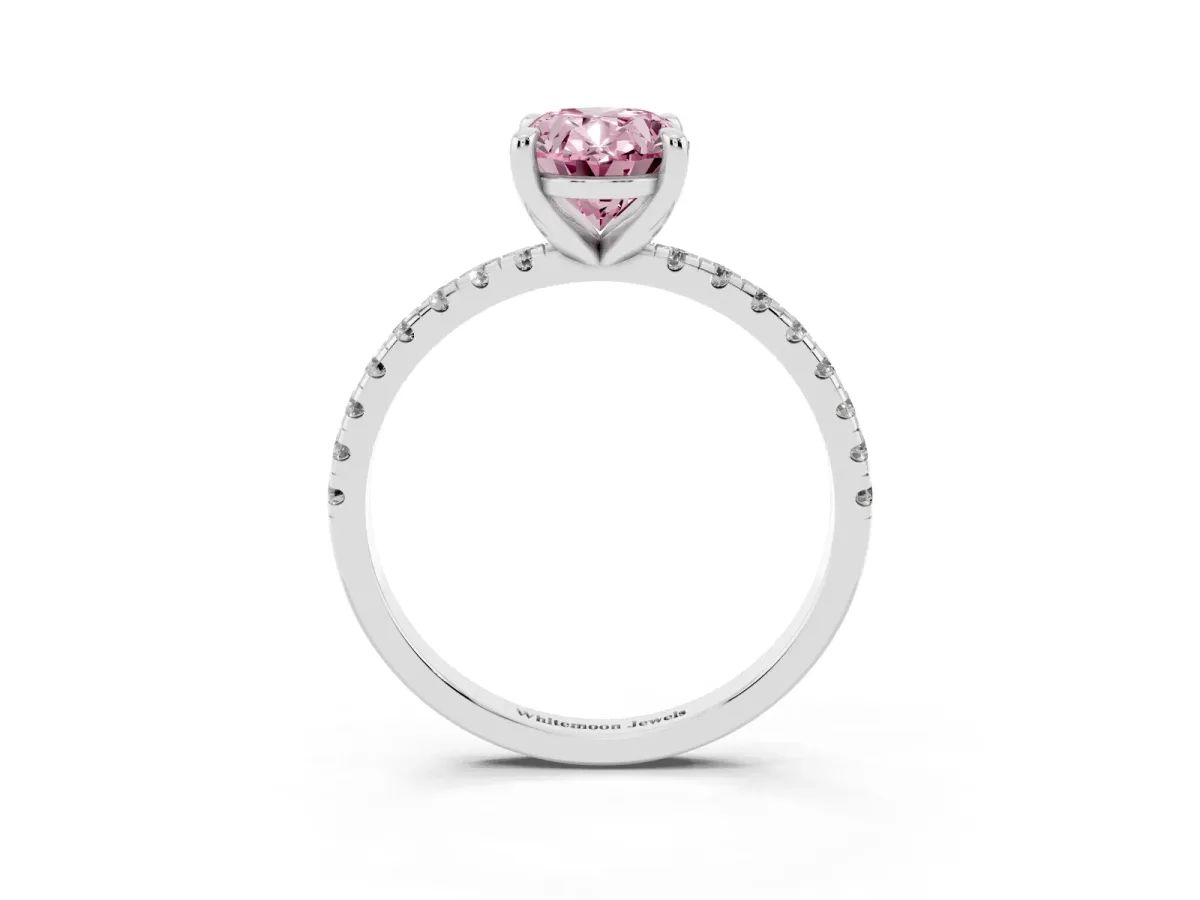 Fancy Pink Oval Cut Diamond Brilliant Solitaire Ring with Pavé Band and Four-Prong Setting Silver