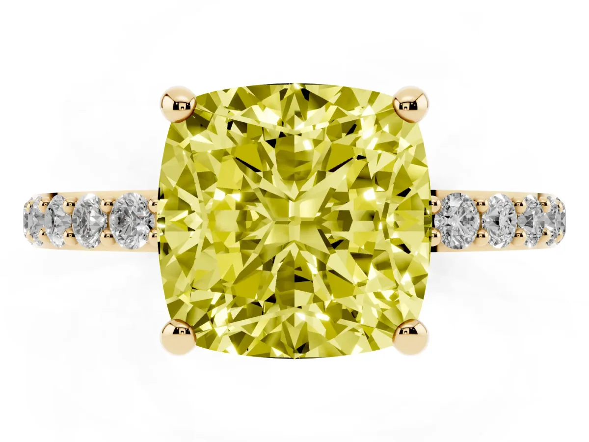 Fancy Yellow Cushion Cut Diamond Solitaire Ring with Round Pavé Band and Prong Setting Yellow gold