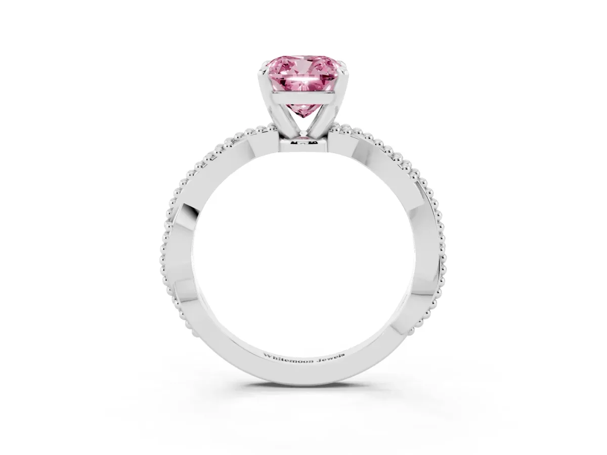 Fancy Pink Cushion Cut Solitaire Twisted Band with Bead Prong Setting Silver