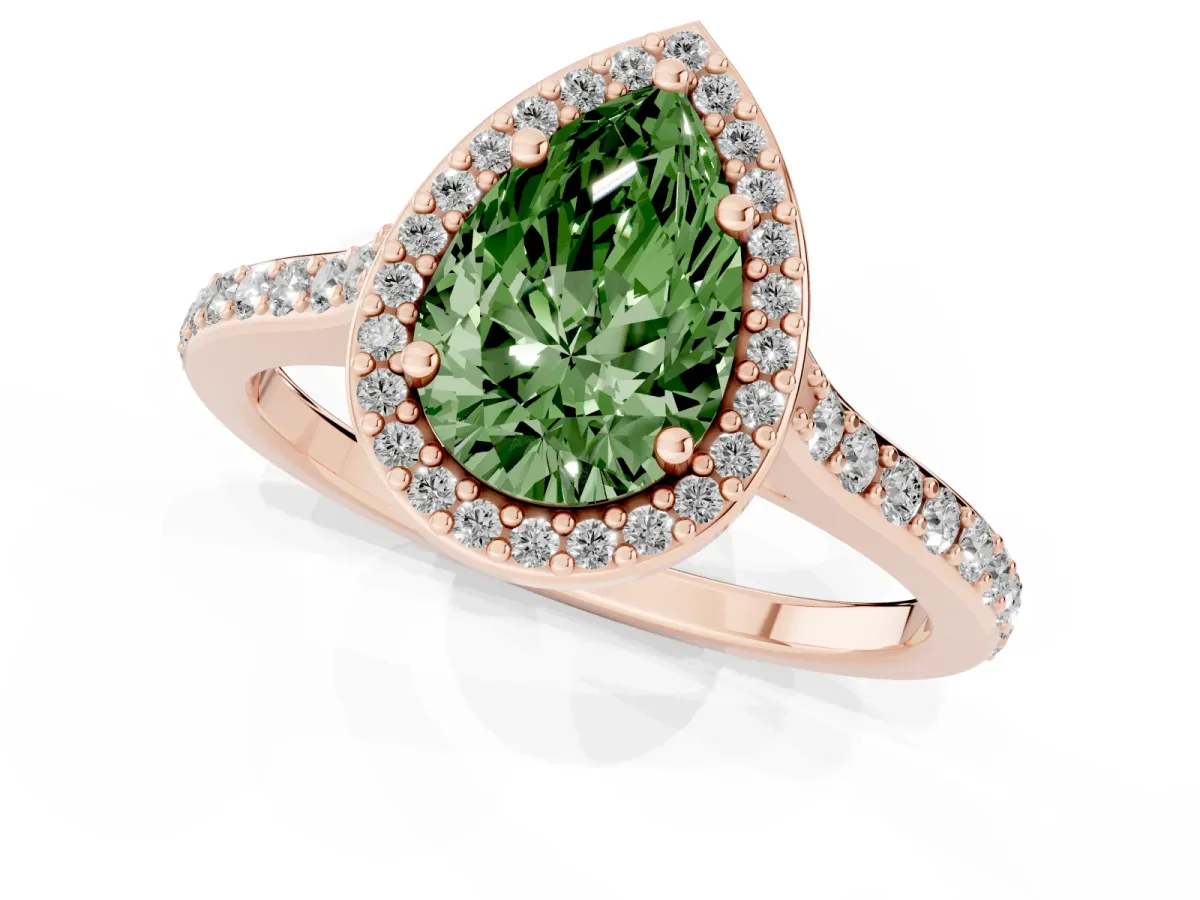 Fancy Green Pear Cut Diamond Halo Engagement Ring with Round Pavé Shoulders and Prong Setting Rose gold
