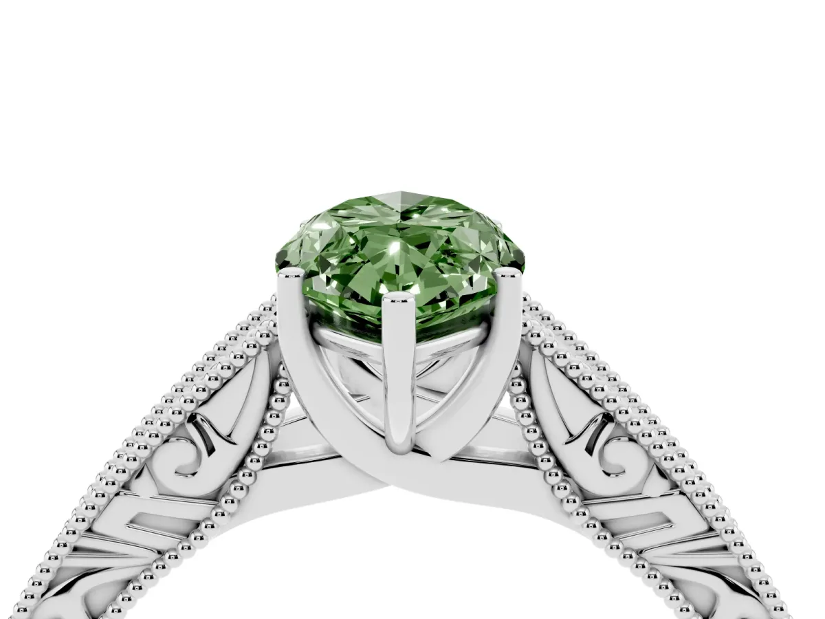 Fancy Green Marquise Cut Diamond Solitaire Ring with Engraved Band and Four-Prong Setting Platinum