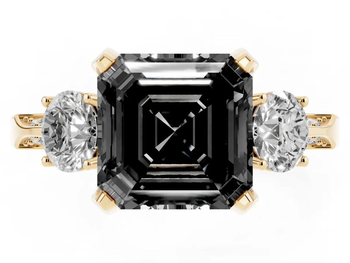 Fancy Black Asscher Cut Brilliant Three-Stone Diamond Ring with Pavé Band and Four-Prong Setting Yellow gold