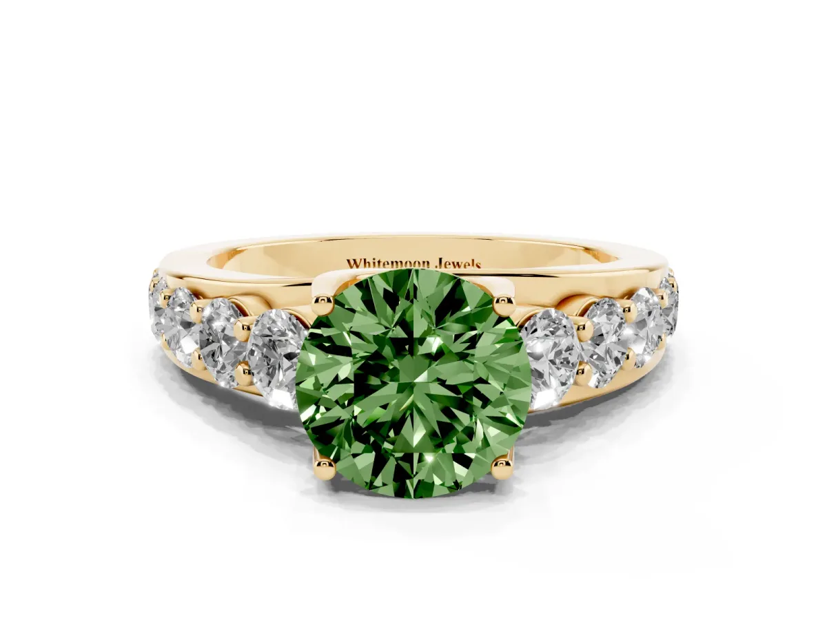 Fancy Green Round Cut Diamond Engagement Ring with Pavé Band and Four-Prong Setting Yellow gold