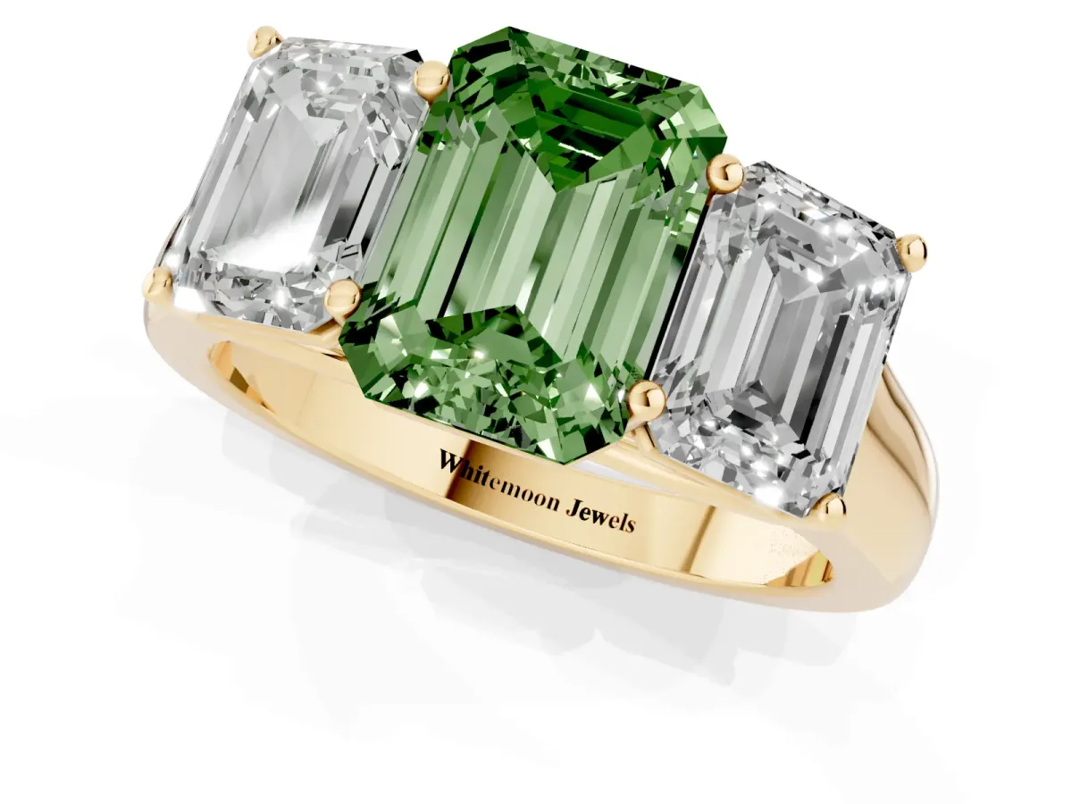 Fancy Green Emerald Cut Three-Stone Diamond Ring with Prong Setting on a Classic Band Yellow gold
