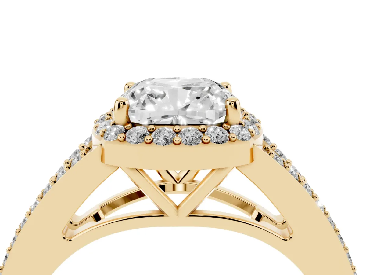 Cushion Cut Halo Split Shank Diamond Ring with Prong Setting Yellow gold