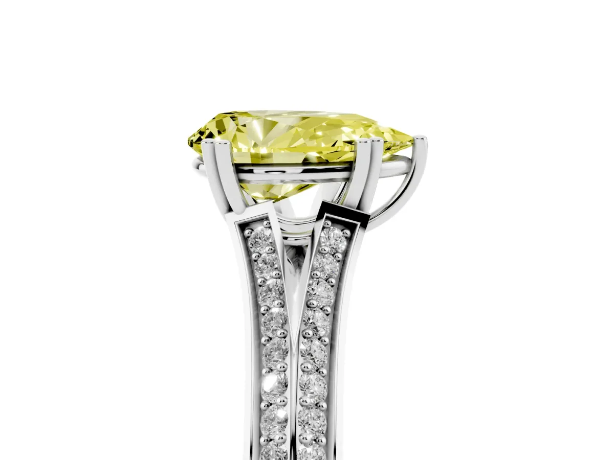 Fancy Yellow Pear Cut Diamond Split Shank Engagement Ring with Pavé Band Silver