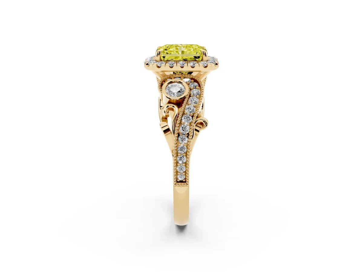 Fancy Yellow Radiant Cut Halo Diamond Ring with Milgrain and Bezel Accents on a Split Shank Band Yellow gold