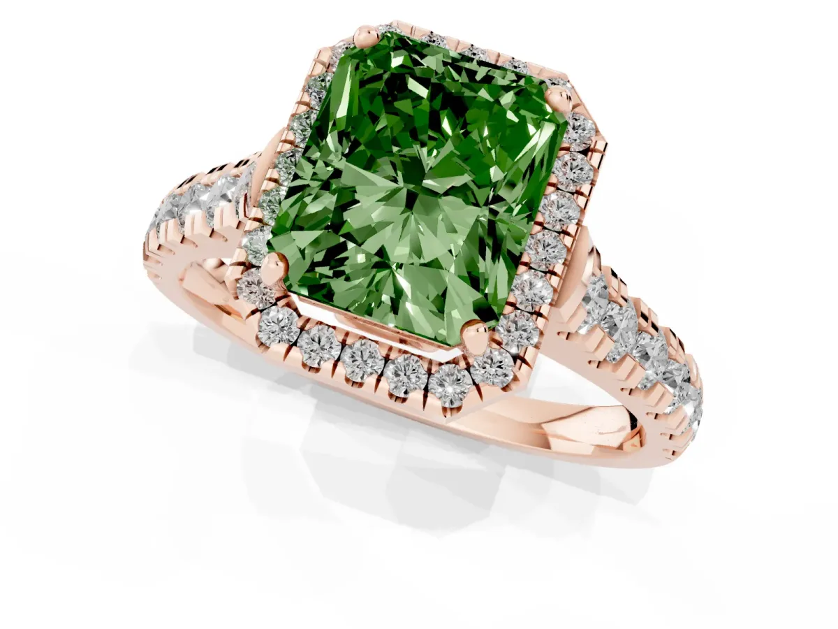 Fancy Green Radiant Cut Halo Pavé Diamond Engagement Ring with Four-Prong Setting Rose gold