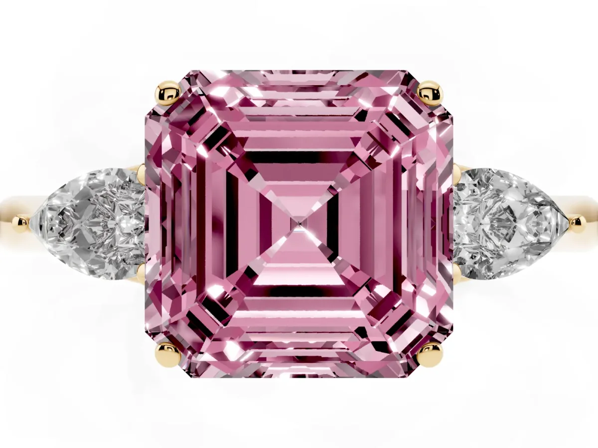 Fancy Pink Three-Stone Asscher Cut Diamond Ring with Pear Side Stones in Four-Prong Setting Yellow gold