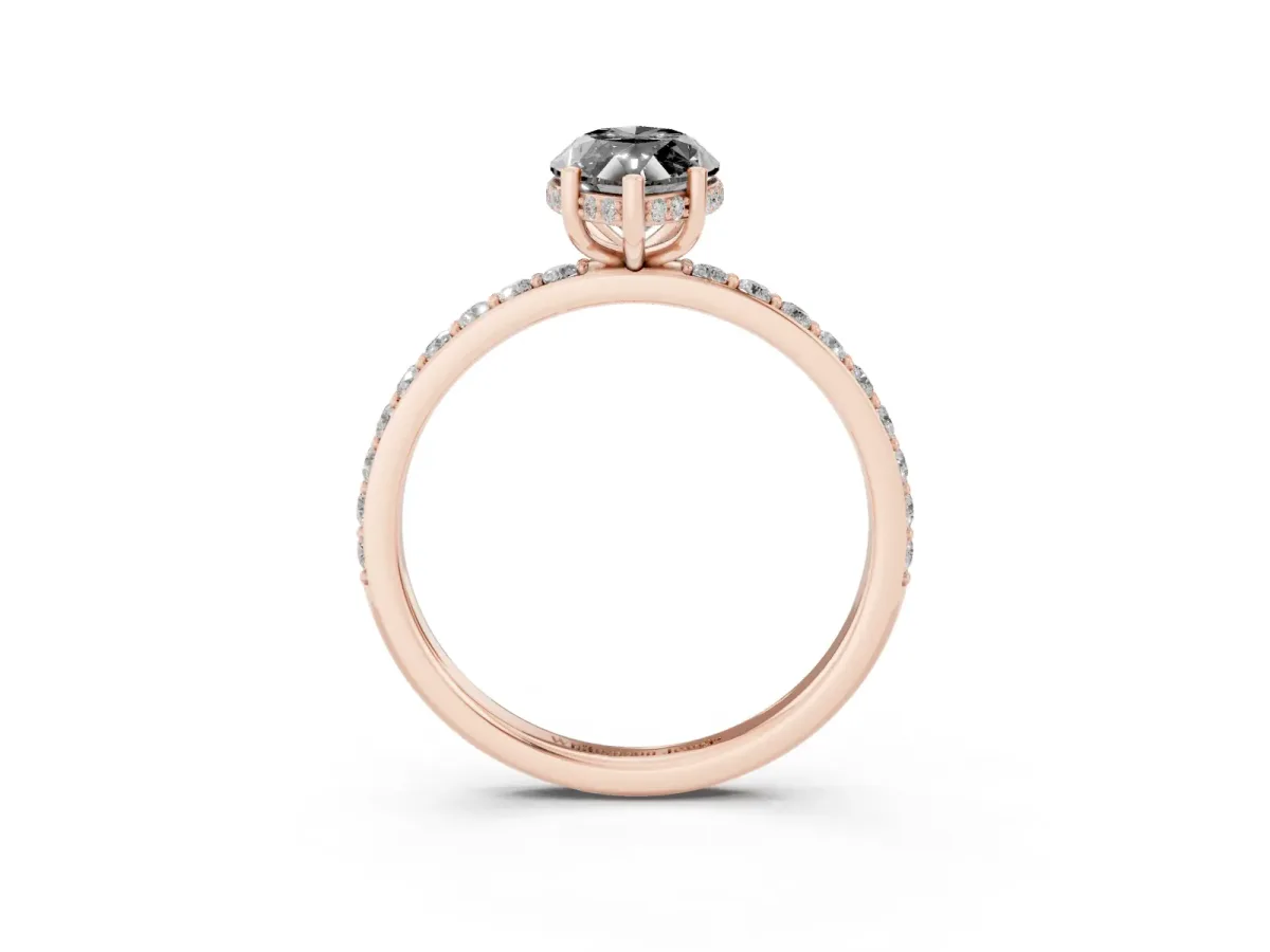 Fancy Black Marquise Cut Diamond Solitaire Ring with Pavé Band and Hidden Halo Rose gold