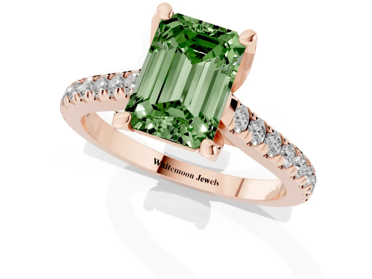 Fancy Green Emerald Cut Brilliant Diamond Solitaire with Pavé Band and Four-Prong Setting Rose gold