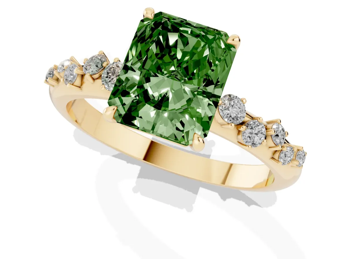 Fancy Green Radiant Cut Diamond Cluster Prong-Set Solitaire Ring Yellow gold